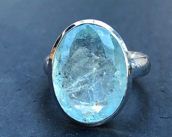 Large Aquamarine Gemstone Ring,Bright Blue Gem High Grade,Faceted Brilliant Oval Ring,Unique Quality Stone Sterling Silver,Rare Aquamarine