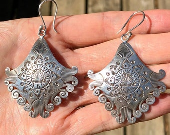 Large Silver Earring Stamped,Ethnic Earrings Tribal Dangle,Fine Silver Earrings,Quality Pure Silver Spiral Earrings Boho Style,Rhombus Shape