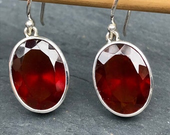 Garnet Earrings Faceted Oval,Hessonite Large Blood Red Garnet Natural,Top Quality Jewelry,Bright Fire Red Gemstone Earrings Sterling Silver