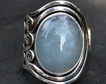 Natural Aquamarine Cabochon Ring,Large Blue Aquamarine Adjustable Ring,Oval Gem Silver 925,Quality Gemstone,Spiral Ring Unique Ooak Size 7.5