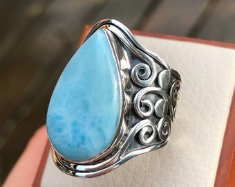 Large Larimar Ring Adjustable,Bright Blue Big Larimar Gemstone Ring Fine Quality,Long Blue Teardrop Stone Ring Size 7,Ooak Sterling 925 Ring