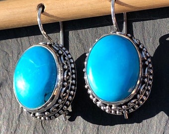 Large Turquoise Oval Earrings,Kingman Arizona Turquoise Natural,Blue Stone Earrings Handcrafted in Sterling Silver Granulation,Rare Stone