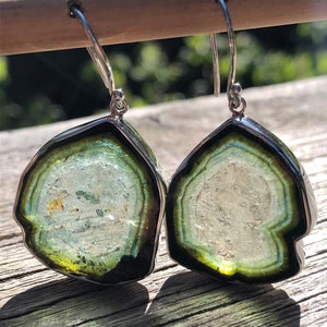 Rare Tourmaline Jewelry,Tourmaline Slice Earrings,Tourmaline Crystal Clear Green Black Matched Pair,Raw Large Tourmaline Polished,Quality