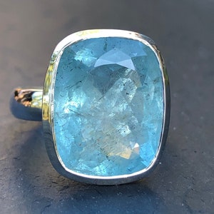Large Blue Facet Cut Aquamarine Ring,Big Aquamarine Sterling Silver Handmade,Cushion Cut Faceted Blue Stone,Natural Gemstone Quality Jewelry