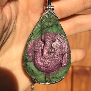 Carved Ruby Zoisite Pendant,Large Ruby Ganesh Pendant,Unique Yoga Jewelry,Raw Ruby Stone Pendant,Hand Carved Stone Ganesha in Sterling 925
