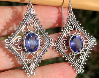Faceted Iolite Earrings,Purple Blue Gemstone Earrings,Iolite Jewelry,Filigree Handcrafted Sterling Silver,Long Earrings Diamond Shape Unique