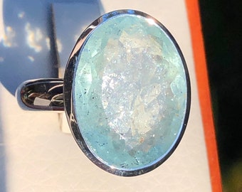Large Aquamarine Gemstone Ring,Bright Blue Gem High Grade,Faceted Brilliant Oval Ring,Unique Quality Stone Sterling Silver,Rare Aquamarine