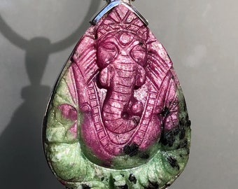 Ruby Zoisite Pendant One of a Kind,Ruby Ganesha Pendant,Carved Gemstone,Unique Stone Healing Jewelry,Raw Ruby Pendant,Stone Ganesh 925