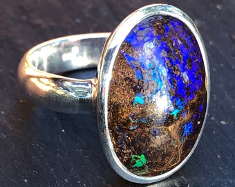 Boulder Opal Ring Fire Matrix Opal Australian,Fiery Opal Ring Size 8.5 Multi Color Fire High Quality Opal Flash Jewelry Sterling 925 Rare