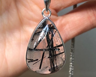 Black Tourmaline Quartz Pendant,Tourmalinated Quartz Sterling Silver,Schorl in Quartz,Included Quartz Crystal Pendant,Rare Quartz Jewelry
