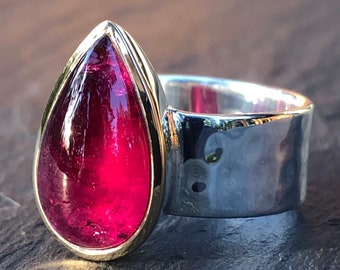 Pink Tourmaline Ring Silver & Gold,Deep Pink Rubellite Gemstone,Large Tourmaline Cabochon Ring,Top Quality Rare Stone with 18K Gold Bezel