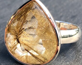 Large Golden Rutilated Quartz Ring,Faceted Gold Rutile Quartz,Top Grade Quality Ring,Facet Cut Pear Stone,Sterling Silver Quartz Crystal
