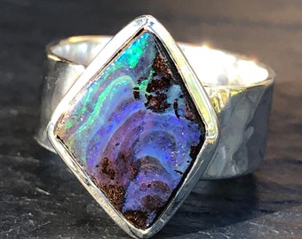 Unique Australian Opal Ring,Purple Green Blue Opal,Boulder Opal Wide Band Ring,Rare Brown Matrix Opal,Natural Opal Jewelry in 925 Sterling