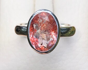 Natural Quartz Faceted Ring,Lepidocrocite,Orange Pink Gemstone,Rare Gemstone,Included Quartz Crystal,Super 7 Stone,925 Silver Ring Thin Band