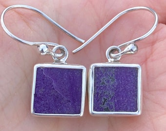 Rare South African Sugilite Square Earrings, Sterling Silver 925, Natural Purple Gemstone