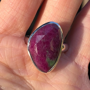 Faceted Ruby Ring,Natural Ruby Zoisite Sterling Silver Ring,Large Pink Red Ruby Gemstone,Checkerboard Cut Stone Ring,Big Ruby Ring Size 9.5