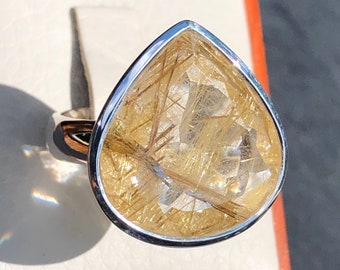 Large Golden Rutilated Quartz Ring,Faceted Gold Rutile Quartz,Top Grade Quality Ring,Facet Cut Pear Stone,Sterling Silver Quartz Crystal