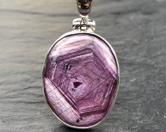 Star Ruby Pendant,Ruby Slice Pendant with Hexagonal Growth Pattern,Flashy Ruby Polished in Sterling Silver,Rare Natural Ruby Crystal Pendant