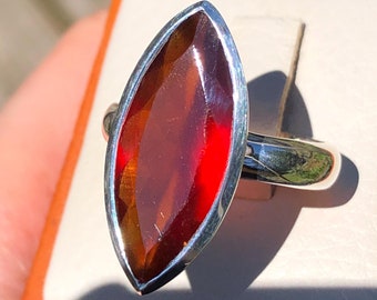 Large Garnet Ring,Top Quality Faceted Hessonite Garnet,Rare Garnet in Sterling Silver,Fire Red Gemstone,Big Marquise Cut,Natural Stone Ring