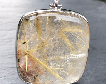 Large Rutilated Quartz Pendant,Polished Square Gemstone Pendant,Star Rutile Included Quartz,Rare Golden Rutile Quartz Jewelry,Lodolite 925