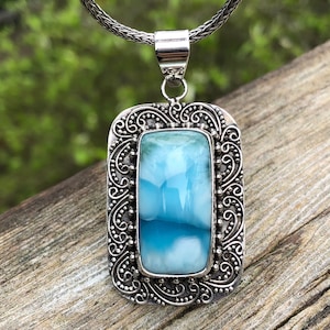 Quality Larimar Pendant,Chatoyant Blue Larimar,Fine Gem Grade Pendant in Sterling Silver Filigree,Natural Larimar,Dominican Republic Stone