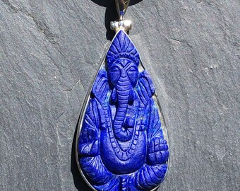 Lapis Lazuli Sterling Silver Pendant,Deep Blue Lapis Stone Carved,Ganesha Pendant,Unique Handmade Stone Carving,Spiritual Healing Pendant