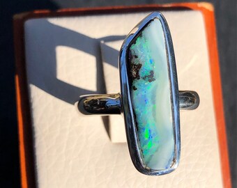 Natural Boulder Opal Ring,Australian Opal Ring Blue Green Fire,Long Matrix Opal in Sterling Silver,Freeform Cut Quality Stone,Long Opal Ooak