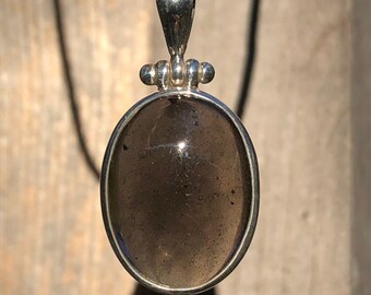 Agni Manitite Pendant,Cintamani Stone,Volcanic Obsidian Pendant in Sterling Silver,Polished Black Stone Oval Pendant,Rare Indonesian Stone