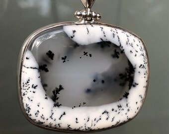 White and Black Dendritic Agate Pendant,Natural Merlinite Pendant Sterling Silver Handmade,Rare Natural Dendrite Inclusion,Landscape Agate