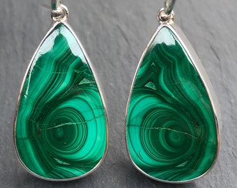 Large Malachite Earrings in Sterling Silver,Natural Malachite Deep Green,Fine Quality Banded Malachite Stones,Big Drop Shape Earrings 925