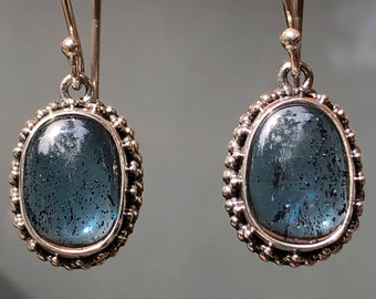 Teal Kyanite Earrings,Rare Teal Gemstone,Moss Kyanite Sterling Silver Granulation Design,Handmade Unique Setting,One Of A Kind,Natural Stone