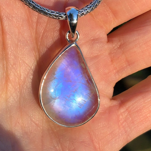 Electric Blue Moonstone Pendant,Large Rainbow Moonstone with Deep Blue,Rare Quality Moonstone Cabochon,Sterling Silver Moonstone Jewelry 925