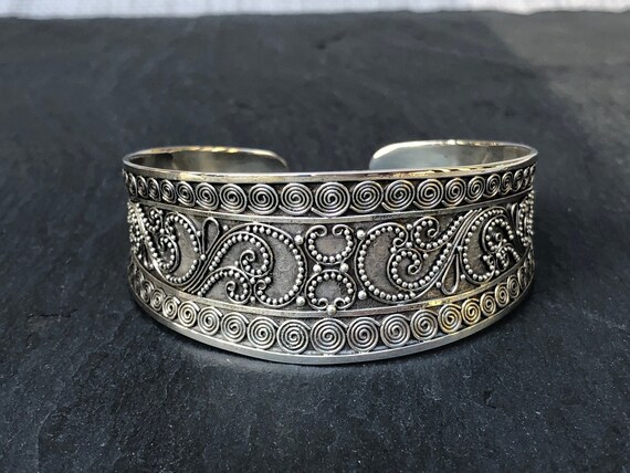 Sterling Silver Cuff Bracelet Wide Design Ethnic Tribal Style Spiral Large Statement Cuff Intricate Silver Handcrafted 925 Granulation