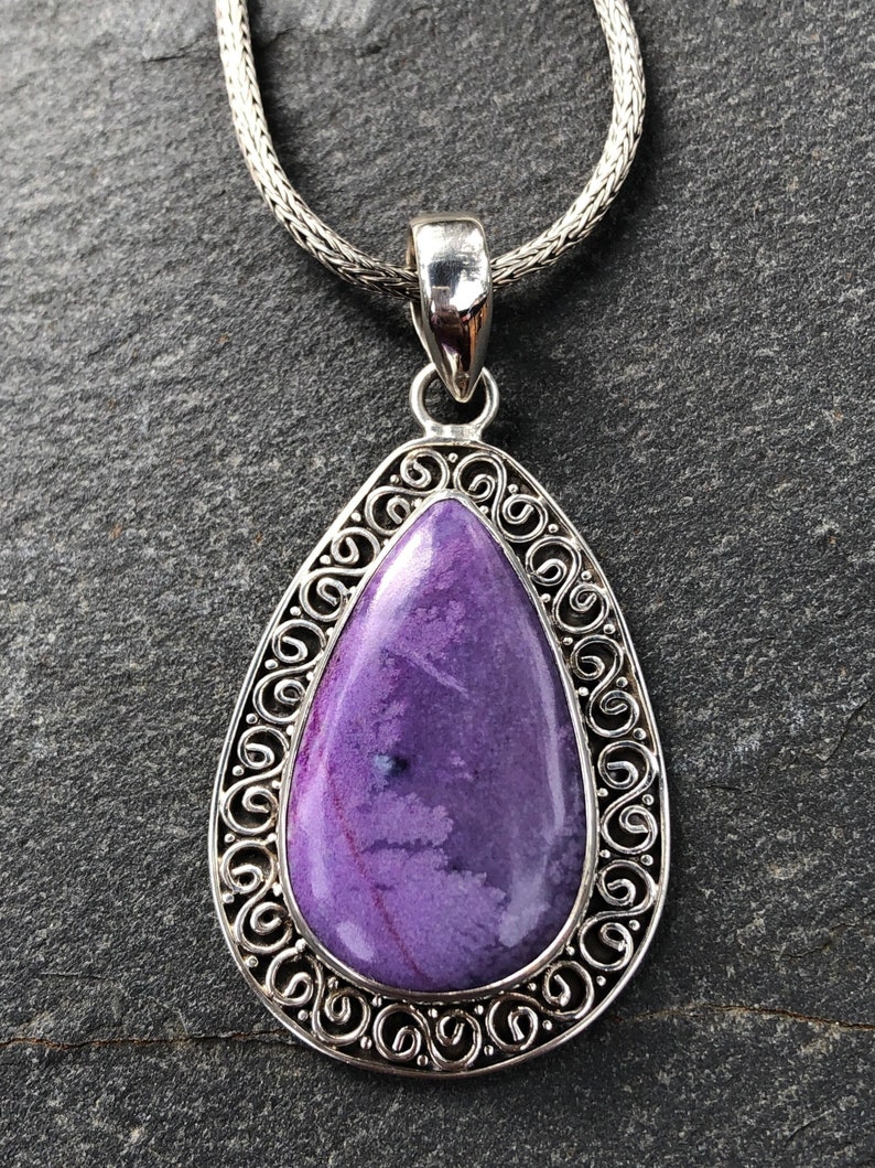 Large Sugilite Pendant Sterling Silver,Violet Purple Sugilite Gemstone,Spiral Design Teardrop Pendant,Natural Sugilite Stone,Rare Gemstone image 3