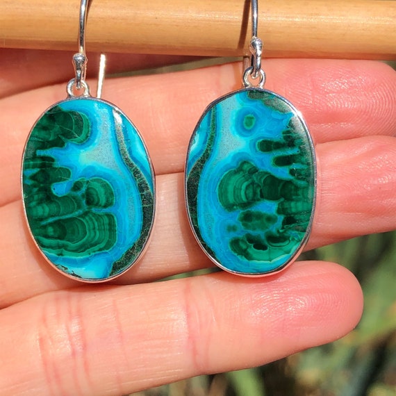 Chrysocolla Malachite Earrings,Unique One of a Kind Gemstone Jewelry,Large Blue and Green Natural Stone in Sterling,Bright Oval Earrings