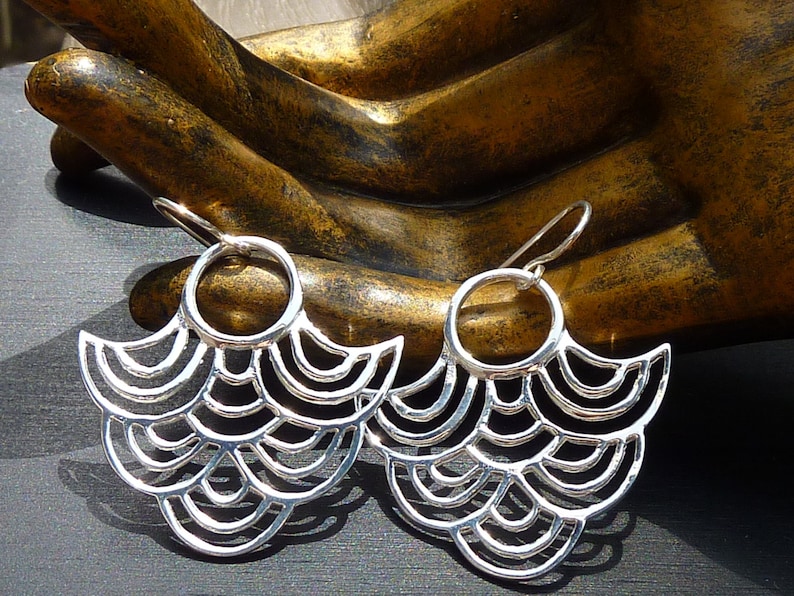 Wave Earrings Geometric Jewelry Fan Earrings Art Deco Earrings Dangle Earrings Sterling Silver Earrings Japanese Wave Tribal Earrings