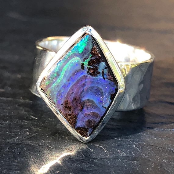 Unique Australian Opal Ring,Purple Green Blue Opal,Boulder Opal Wide Band  Ring,Rare Brown Matrix Opal,Natural Opal Jewelry in 925 Sterling