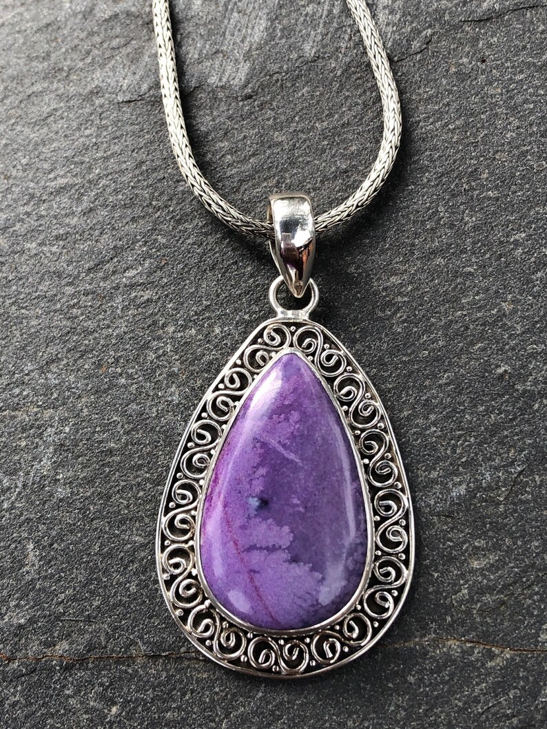 Large Sugilite Pendant Sterling Silver,Violet Purple Sugilite Gemstone,Spiral Design Teardrop Pendant,Natural Sugilite Stone,Rare Gemstone image 1