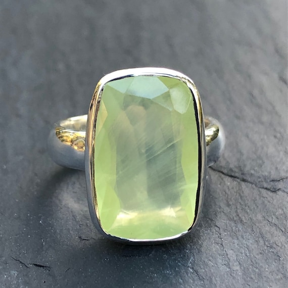 Faceted Prehnite Ring,Rectangle Cut Stone in Sterling Silver,Large Yellow Gemstone Ring,Rare Quality Vibrant Stone,One of A Kind Jewelry