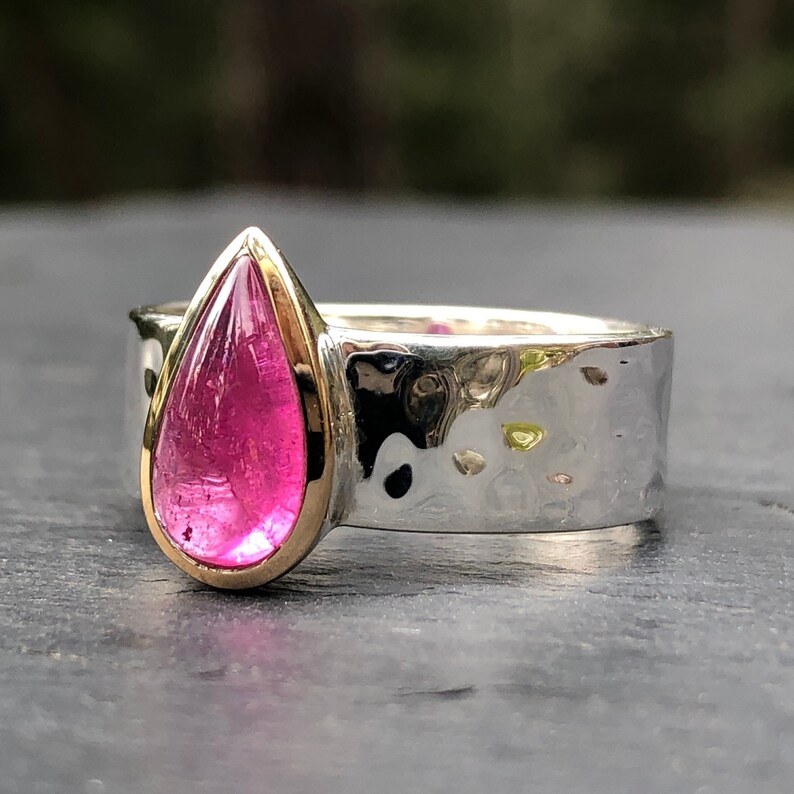 Rosa Turmalin Ring Sterling Silber 18K Gold, Turmalin Ring groß, rosa Edelstein Ring mit Gold, natürlichen seltenen Schmuck, Teardrop Stein Bild 3