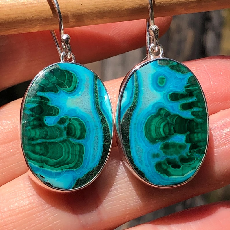 Chrysocolla Malachite Earrings,Unique One of a Kind Gemstone Jewelry,Large Blue and Green Natural Stone in Sterling,Bright Oval Earrings image 1