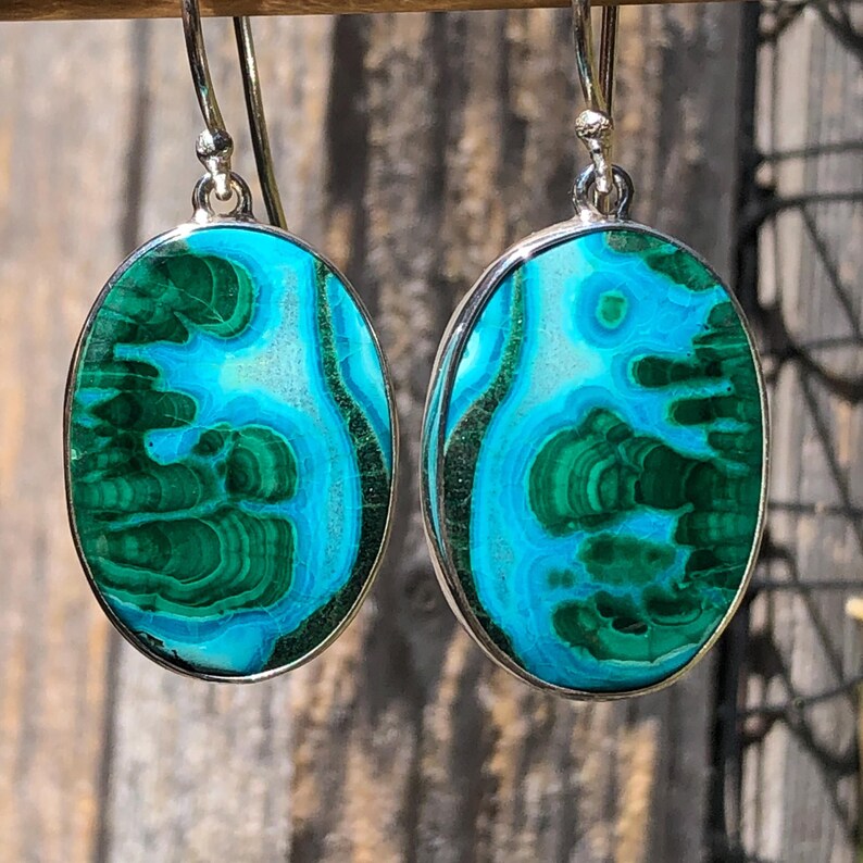 Chrysocolla Malachite Earrings,Unique One of a Kind Gemstone Jewelry,Large Blue and Green Natural Stone in Sterling,Bright Oval Earrings image 3