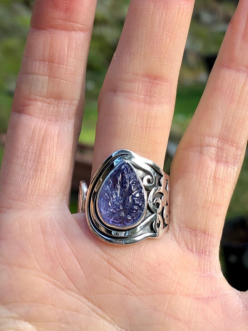 Tanzanite Large Teardrop Ring,Rare Gemstone Carving,High Grade Quality Ring,One Of A Kind,Violet Purple Gemstone Artisan Ring,Natural Stone image 2