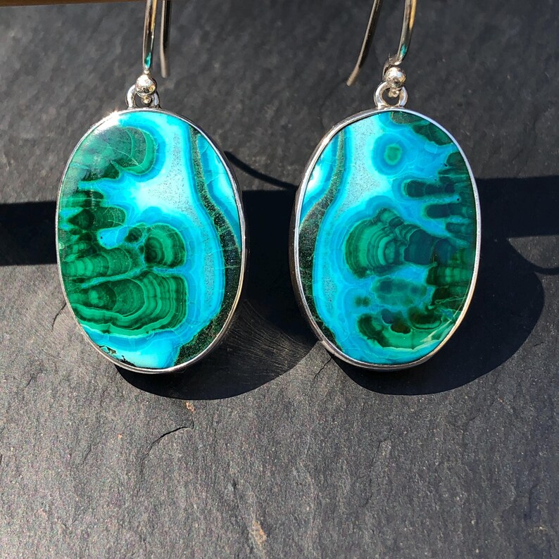 Chrysocolla Malachite Earrings,Unique One of a Kind Gemstone Jewelry,Large Blue and Green Natural Stone in Sterling,Bright Oval Earrings image 4