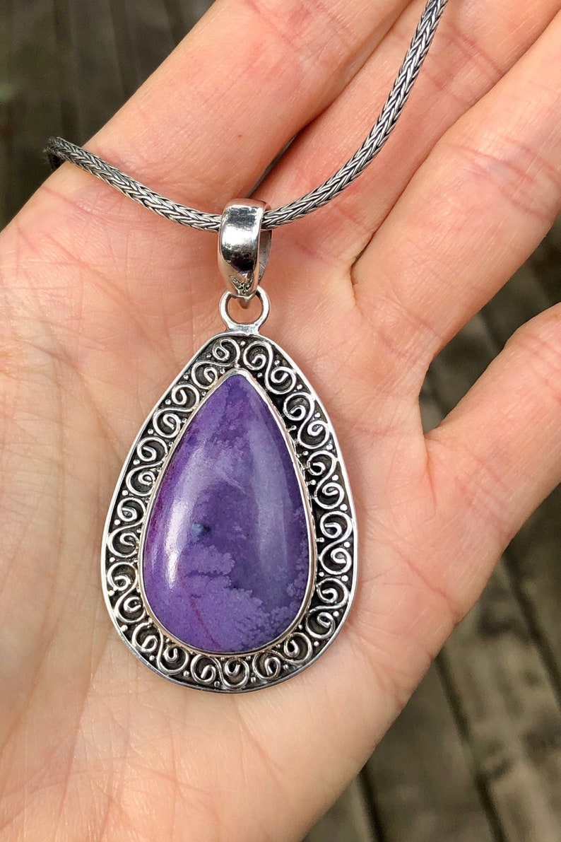 Large Sugilite Pendant Sterling Silver,Violet Purple Sugilite Gemstone,Spiral Design Teardrop Pendant,Natural Sugilite Stone,Rare Gemstone image 2