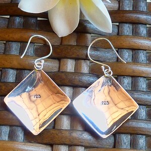 May include: A pair of silver earrings with a diamond-shaped, copper-colored pendant. The earrings have a hook closure. The pendant has the number "725" stamped on it. The earrings are displayed on a woven brown surface.