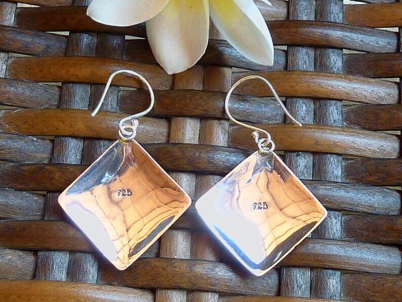 May include: A pair of silver earrings with a diamond-shaped, copper-colored pendant. The earrings have a hook closure. The pendant has the number "725" stamped on it. The earrings are displayed on a woven brown surface.