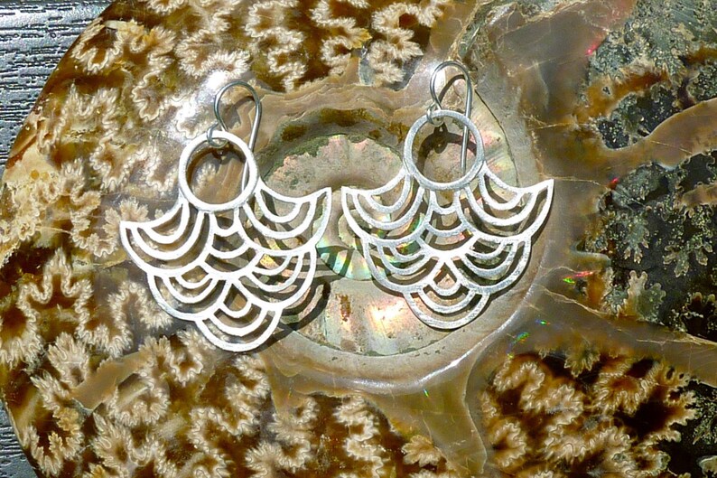 Wave Earrings Geometric Jewelry Fan Earrings Art Deco Earrings Dangle Earrings Sterling Silver Earrings Japanese Wave Tribal Earrings