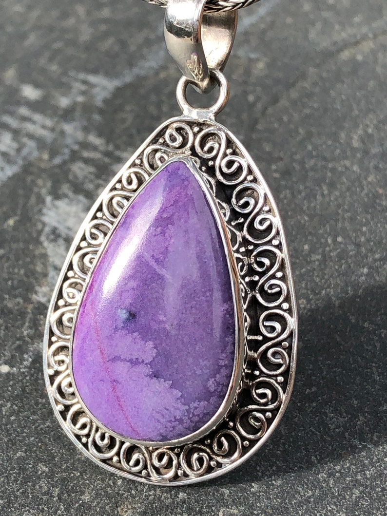 Large Sugilite Pendant Sterling Silver,Violet Purple Sugilite Gemstone,Spiral Design Teardrop Pendant,Natural Sugilite Stone,Rare Gemstone image 8