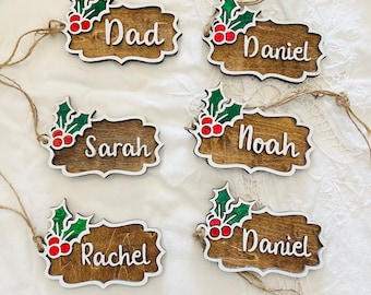 Personalized Holly Christmas Ornament: Custom Stocking Tag, Christmas 2025, Name Tags, Wooden laser cut name tags, great for gift tags